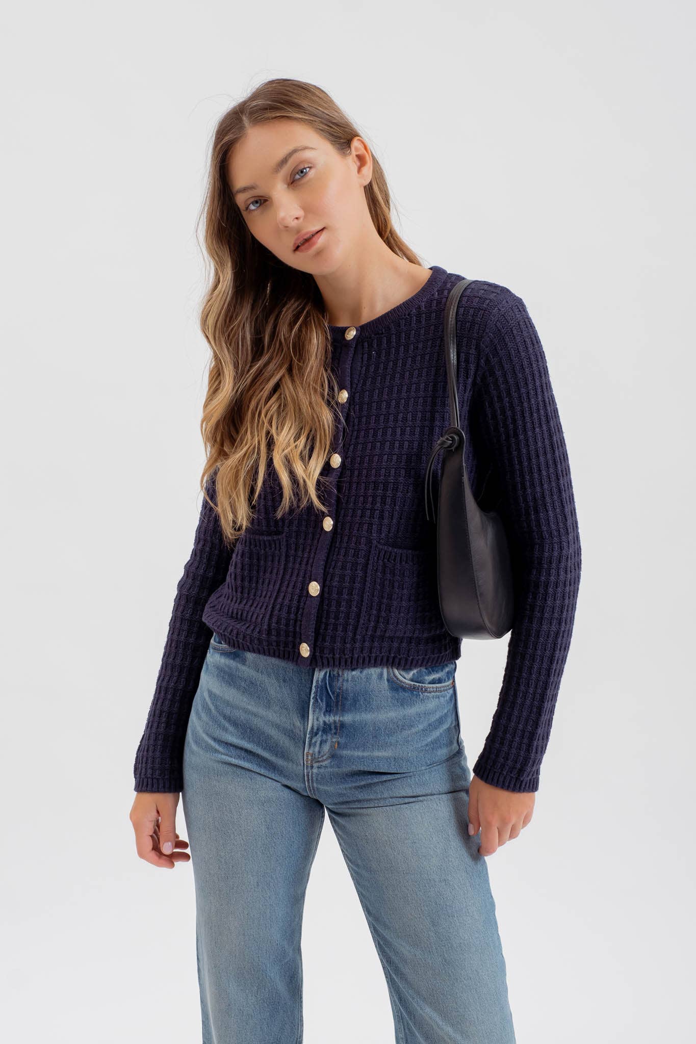 Round Neck Button Down Textured Knit Cardigan - Navy