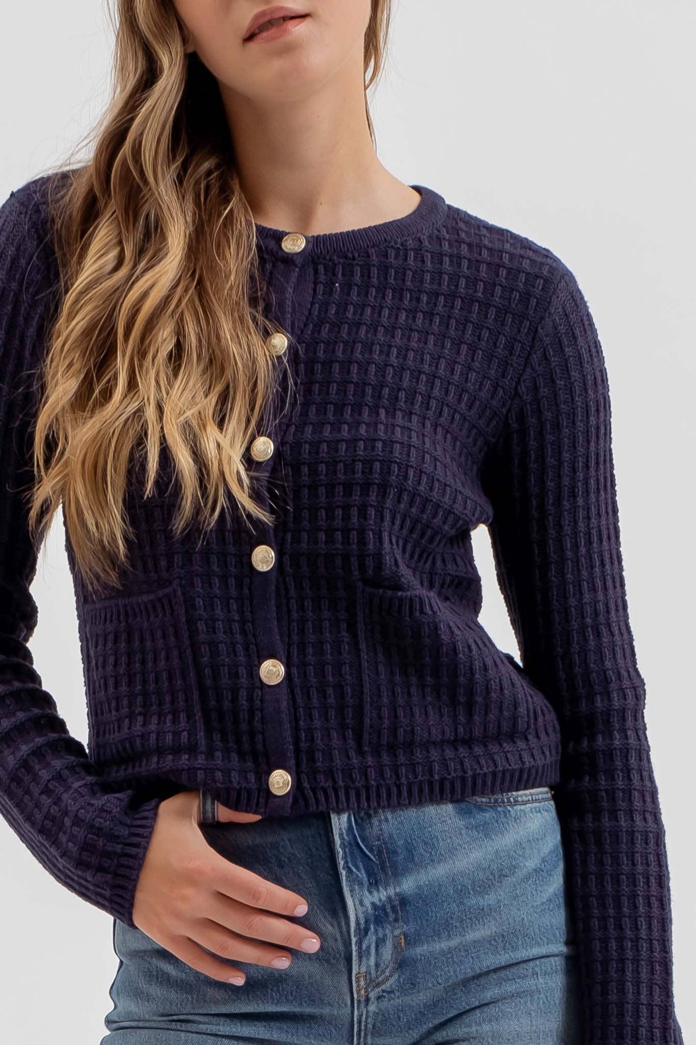 Round Neck Button Down Textured Knit Cardigan - Navy