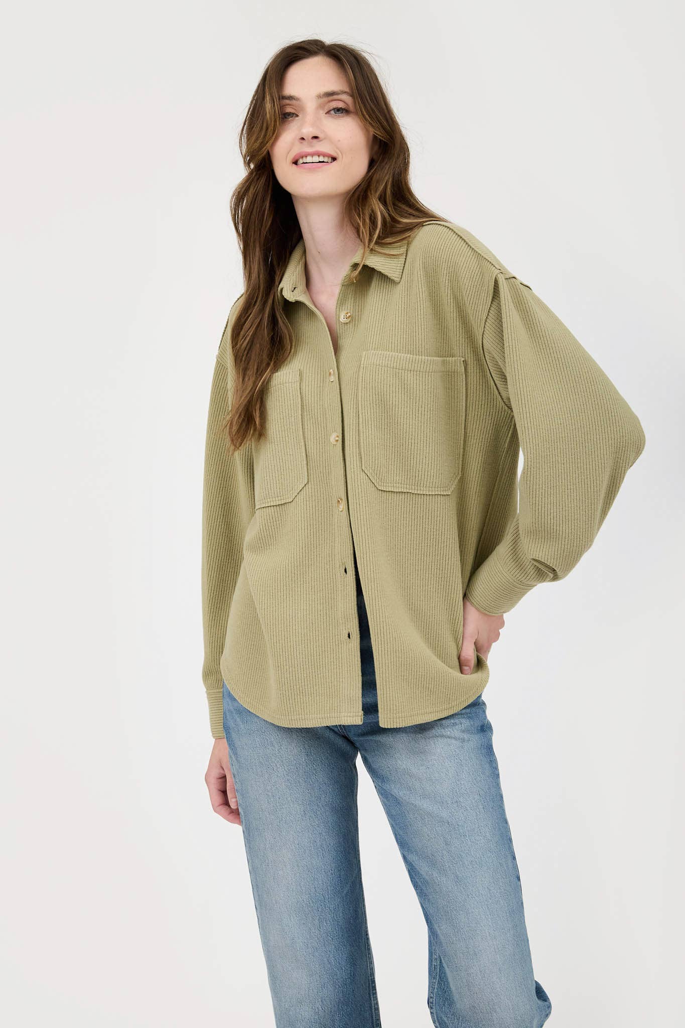 Rib Knit exposed Seam Button Up Top - Light Olive