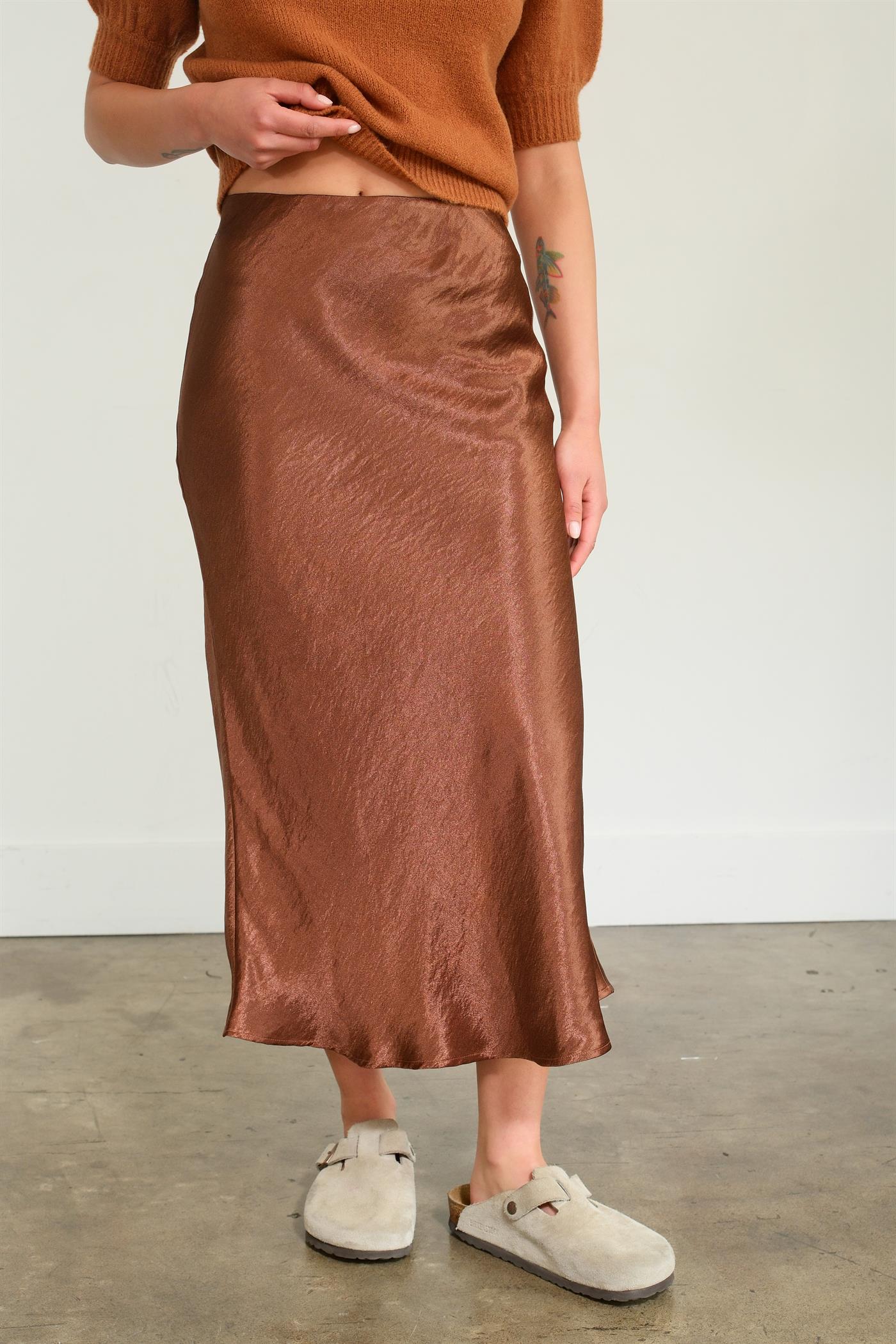 High Waisted Satin Midi Skirt