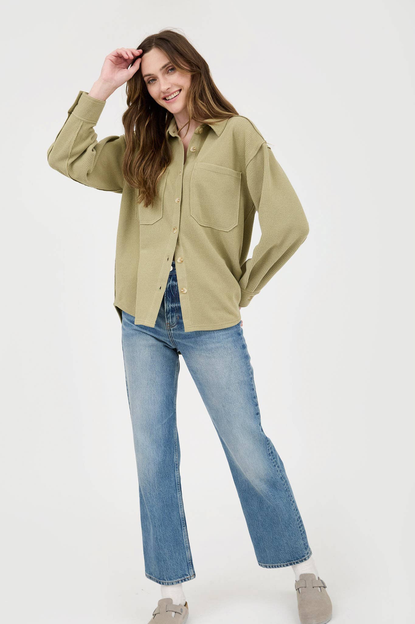 Rib Knit exposed Seam Button Up Top - Light Olive